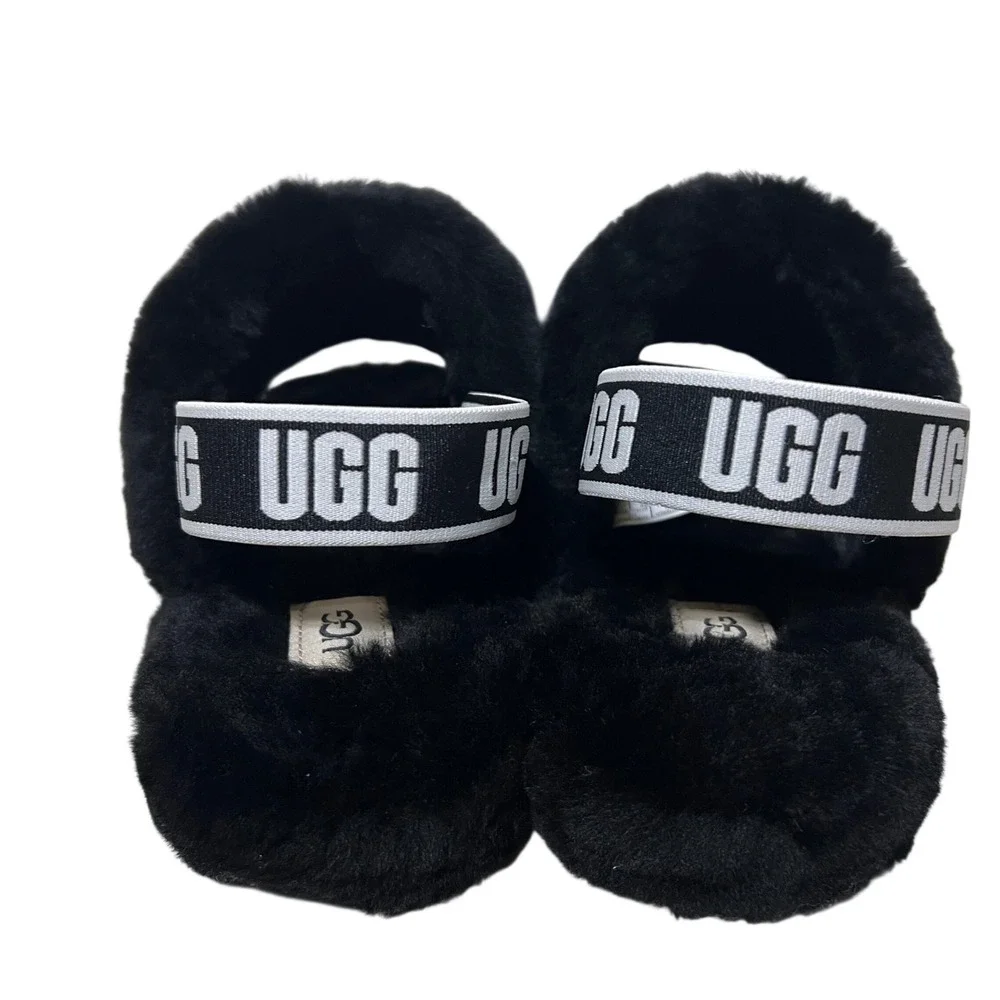 UGG Fluff Yeah Slide in Black Fur, Big Kids US Size 6, NWT
